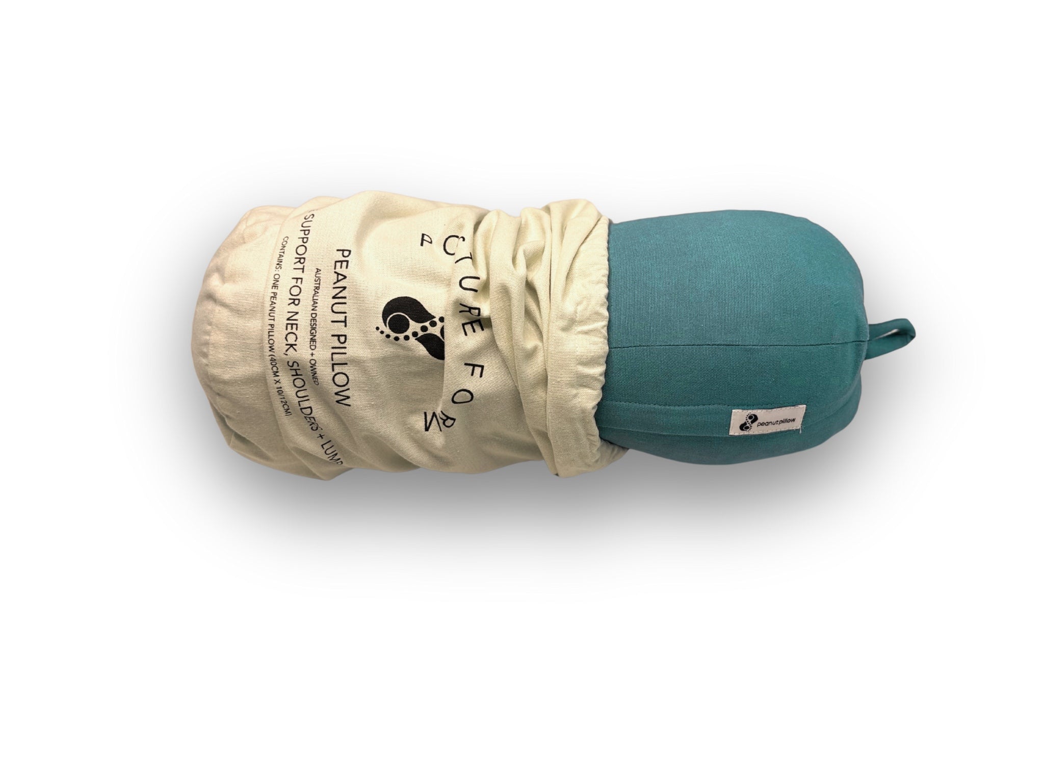 Peanut pillow in teal colour with calico bag so handy for travelling