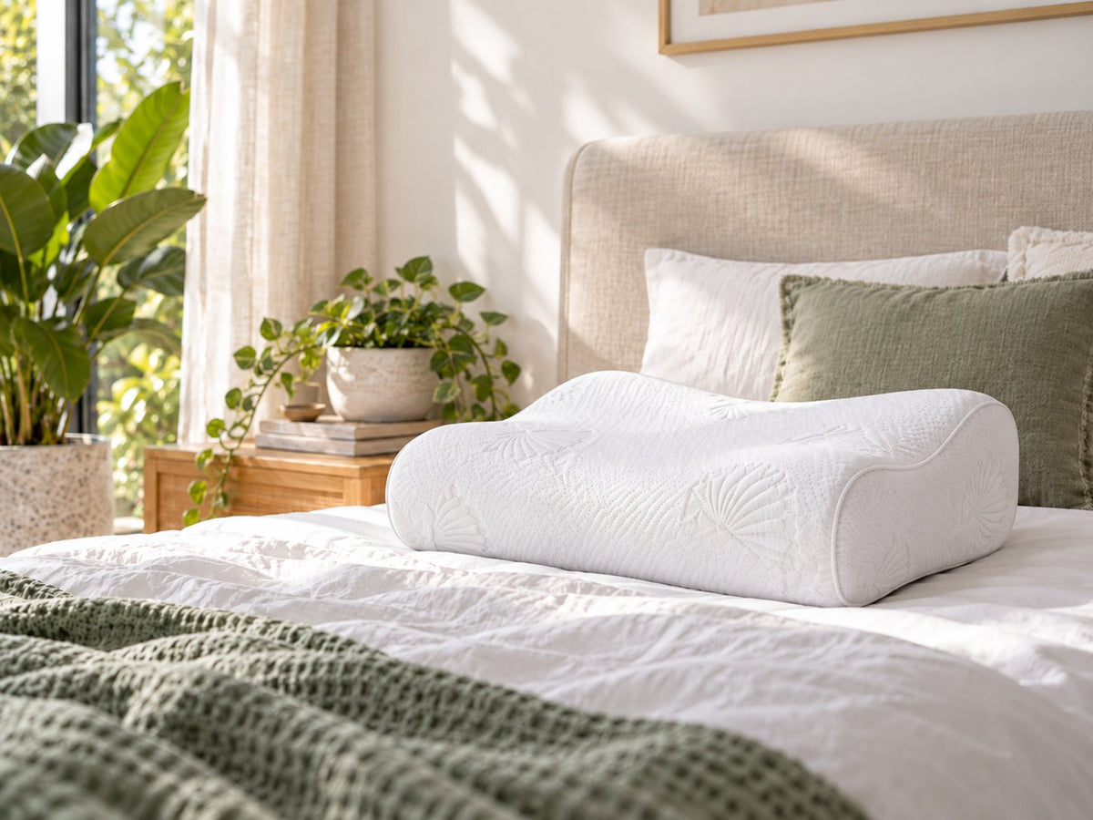 A Posture Form pillow made up on a bed