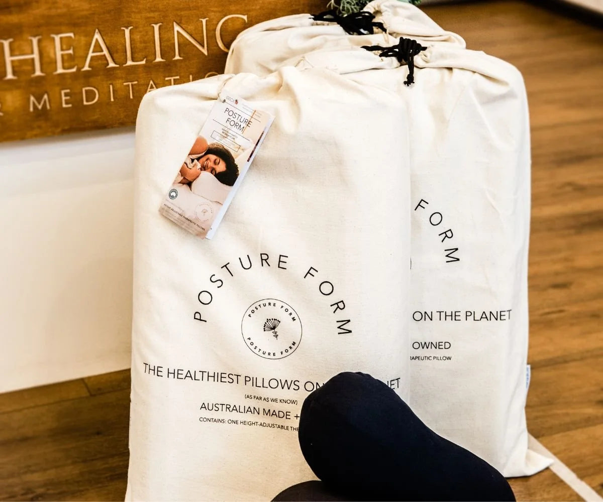 Plastic-free calico bag packaging for Australian made Posture Form Pillow